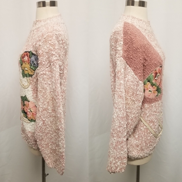 Vintage Chunky Knit Pink White Floral Applique Cottagecore Granny Sweater Md - Picture 3 of 7